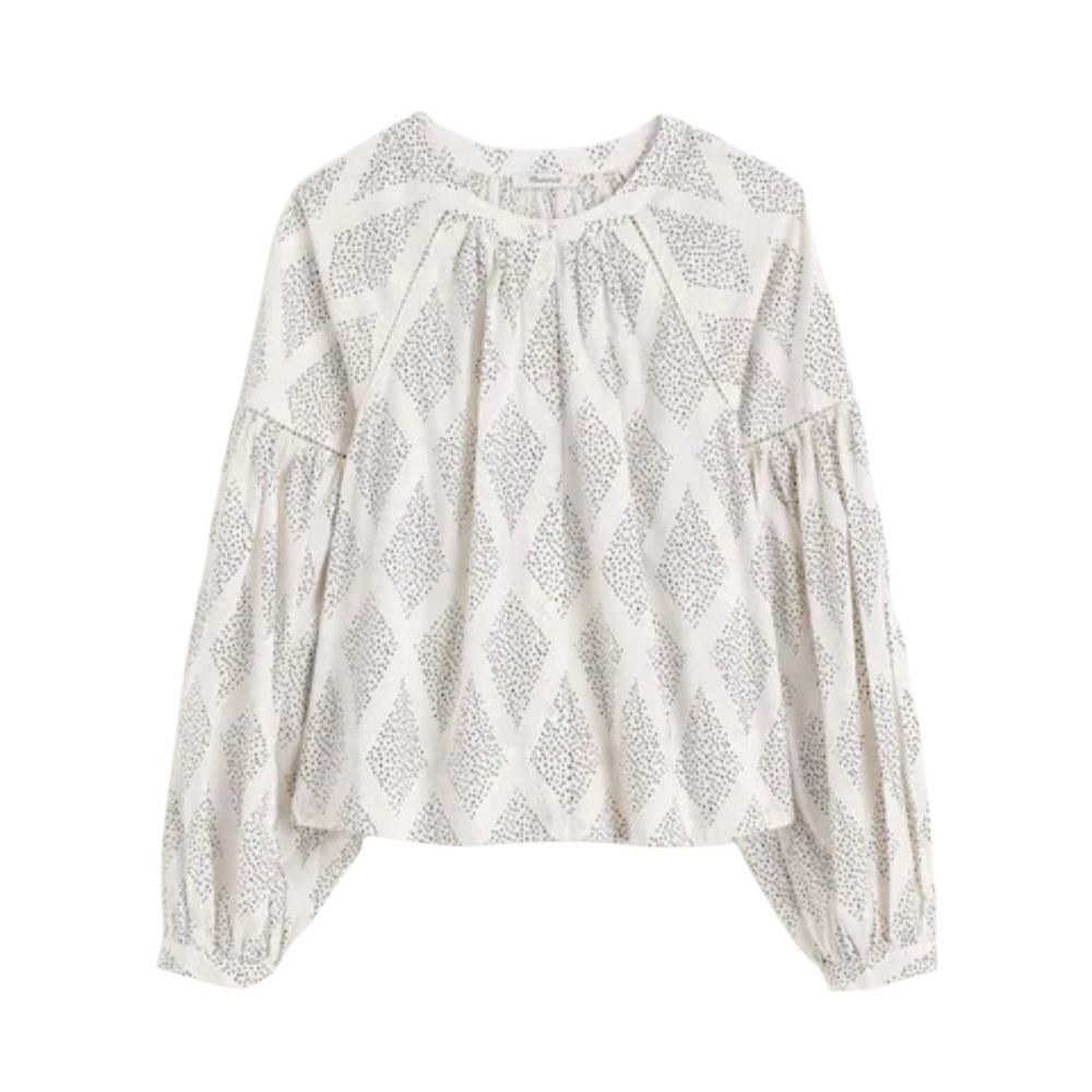 Shirred Balloon-Sleeve Top in Lighthouse Geometric
Print